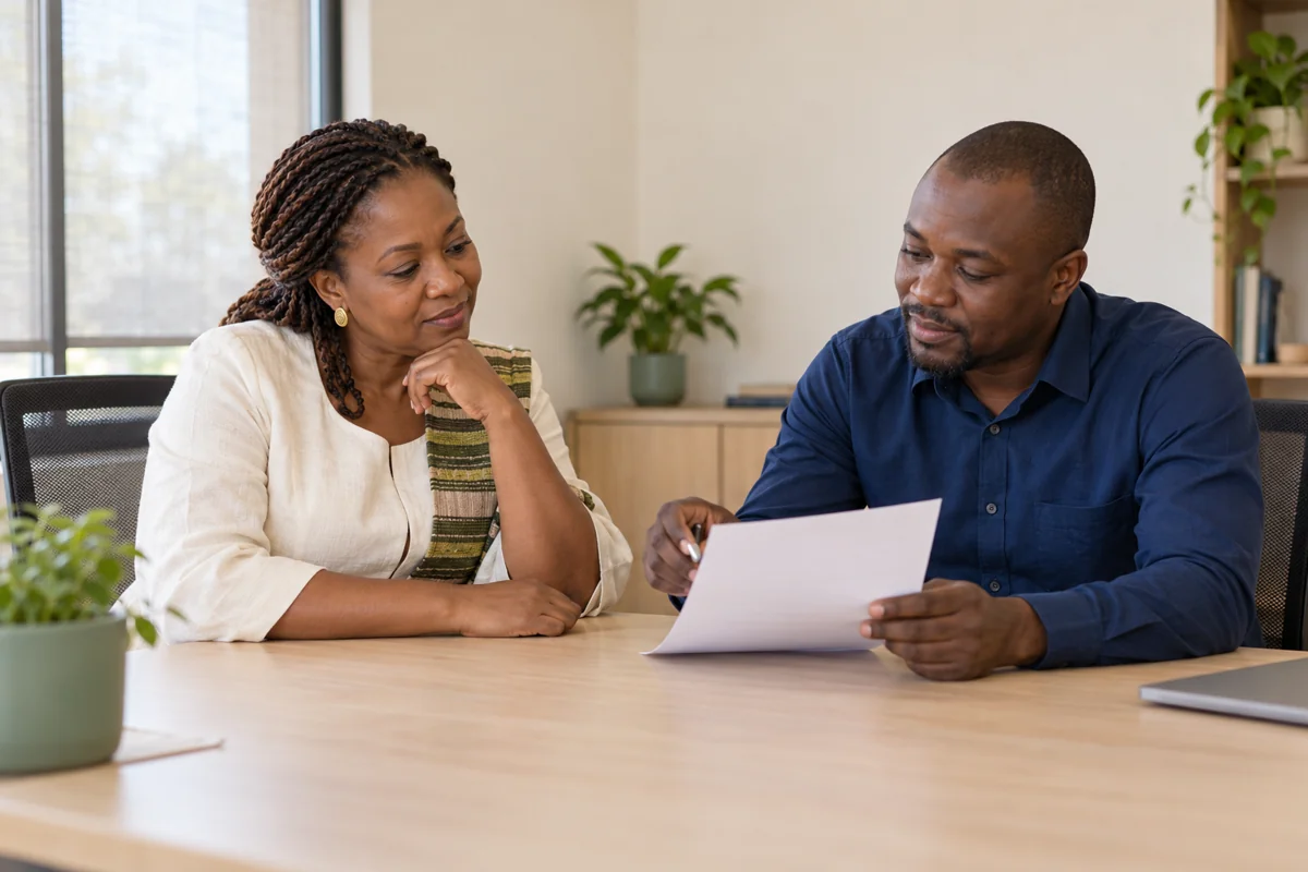 Scène illustrée : une entrepreneure échange calmement avec un conseiller autour d’un document.
